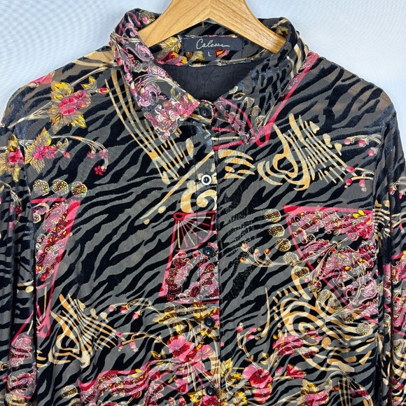 Women's Long Sleeve Velvet Burnout Tunic Top Button Up Sz L Boho Gypsy Caleoas - Picture 2 of 12